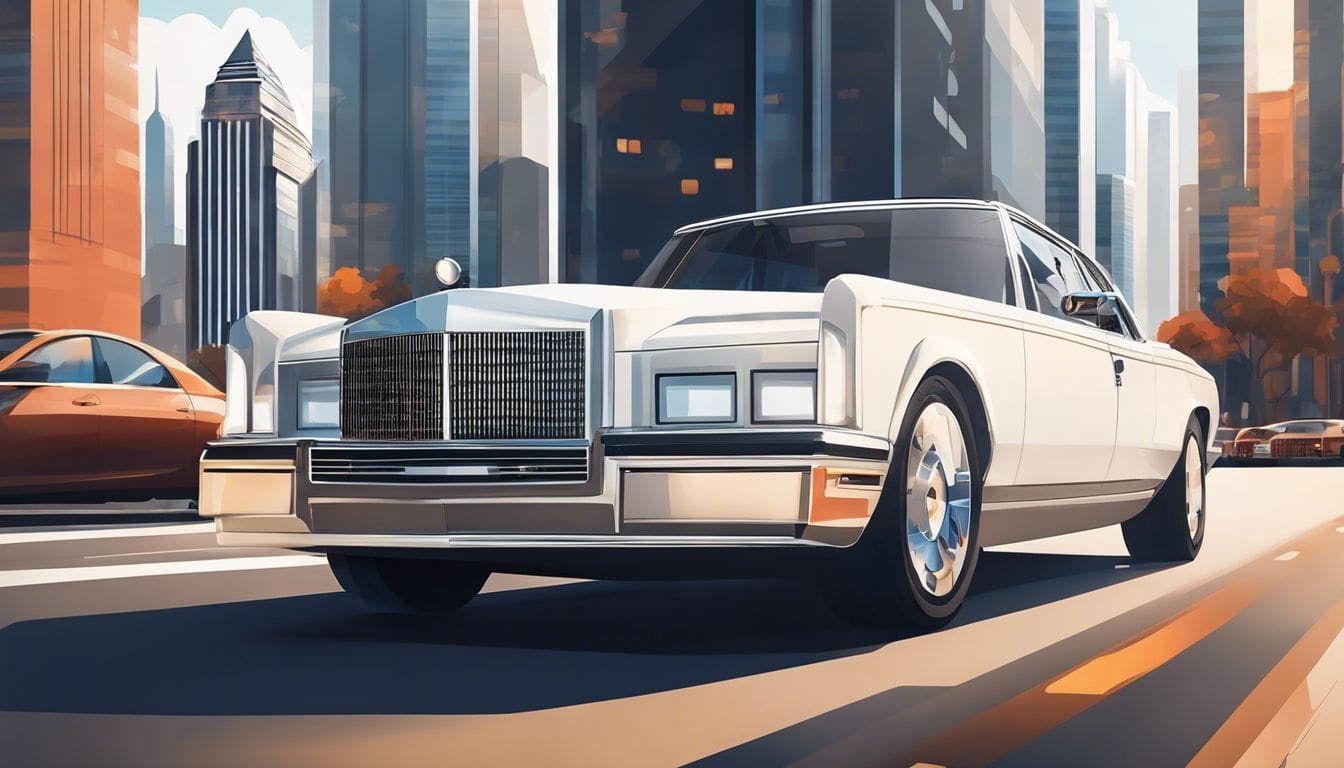 Een strakke, moderne bedrijfsauto geparkeerd in een zakendistrict, met op de achtergrond drukke straten en imposante wolkenkrabbers. Alles wat je moet weten over het zakelijk gebruik van een privéauto